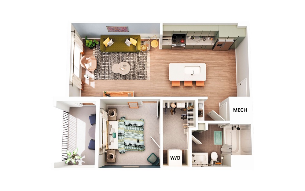 A1 ADA - 1 bedroom floorplan layout with 1 bathroom and 638 square feet (Scheme 2)