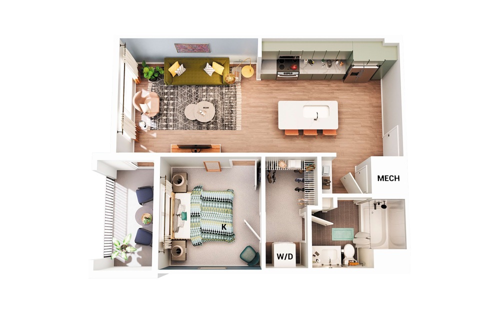 A1 - 1 bedroom floorplan layout with 1 bathroom and 638 - 683 square feet (Scheme 2)