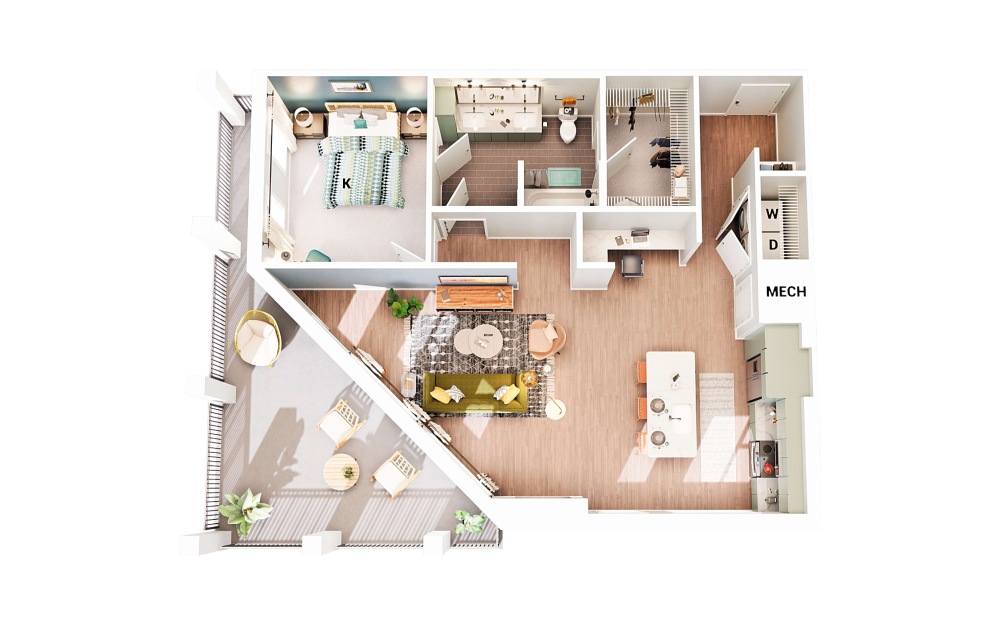 A2 - 1 bedroom floorplan layout with 1 bathroom and 977 square feet (Scheme 2)