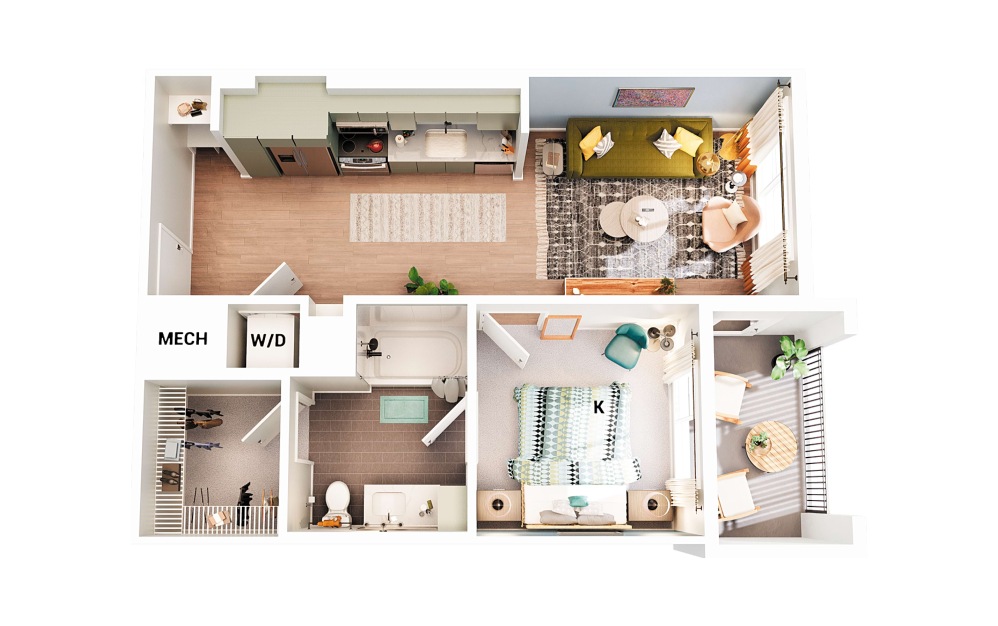 A3 - 1 bedroom floorplan layout with 1 bathroom and 598 - 683 square feet (Scheme 2)
