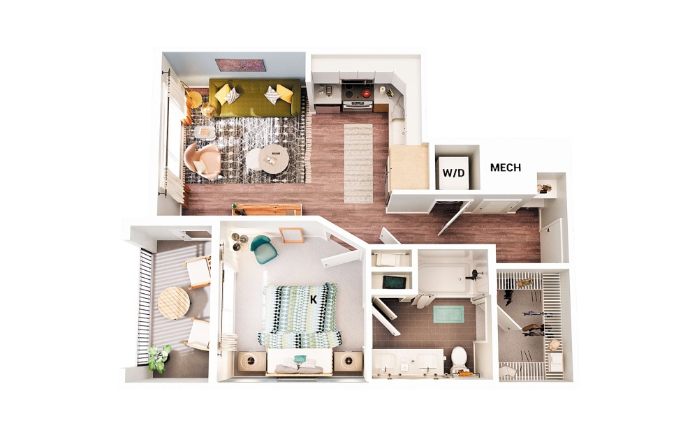 A4 - 1 bedroom floorplan layout with 1 bathroom and 613 square feet (Scheme 1
)