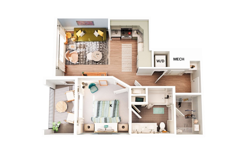 A4 - 1 bedroom floorplan layout with 1 bathroom and 613 square feet (Scheme 2)