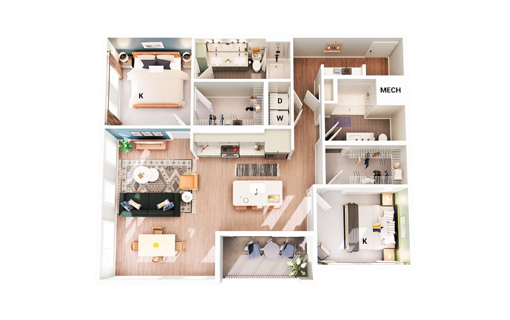 B1 - 2 bedroom floorplan layout with 2 bathrooms and 1158 square feet (Scheme 2)