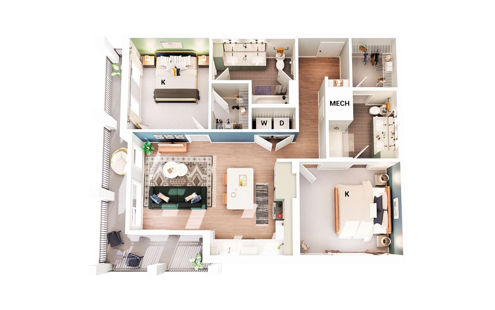 B2 - 2 bedroom floorplan layout with 2 bathrooms and 1065 square feet (Scheme 2)