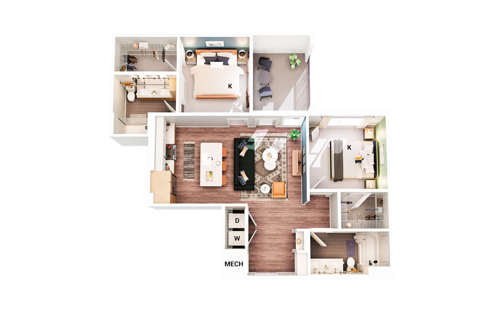 B3 - 2 bedroom floorplan layout with 2 bathrooms and 1006 - 1011 square feet (Scheme 1
)