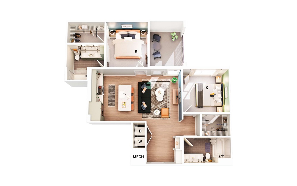 B3 - 2 bedroom floorplan layout with 2 bathrooms and 1006 - 1011 square feet (Scheme 2)