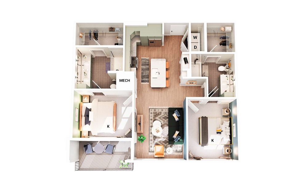 B4 - 2 bedroom floorplan layout with 2 bathrooms and 989 square feet (Scheme 2)