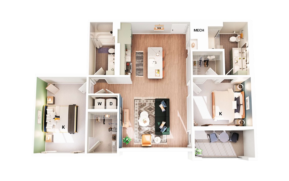 B5 - 2 bedroom floorplan layout with 2 bathrooms and 1102 square feet (Scheme 2)