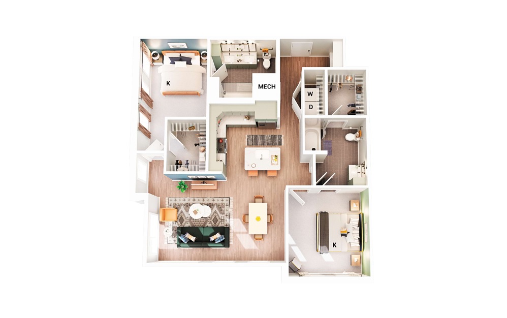 B6 - 2 bedroom floorplan layout with 2 bathrooms and 1228 square feet (Scheme 2)