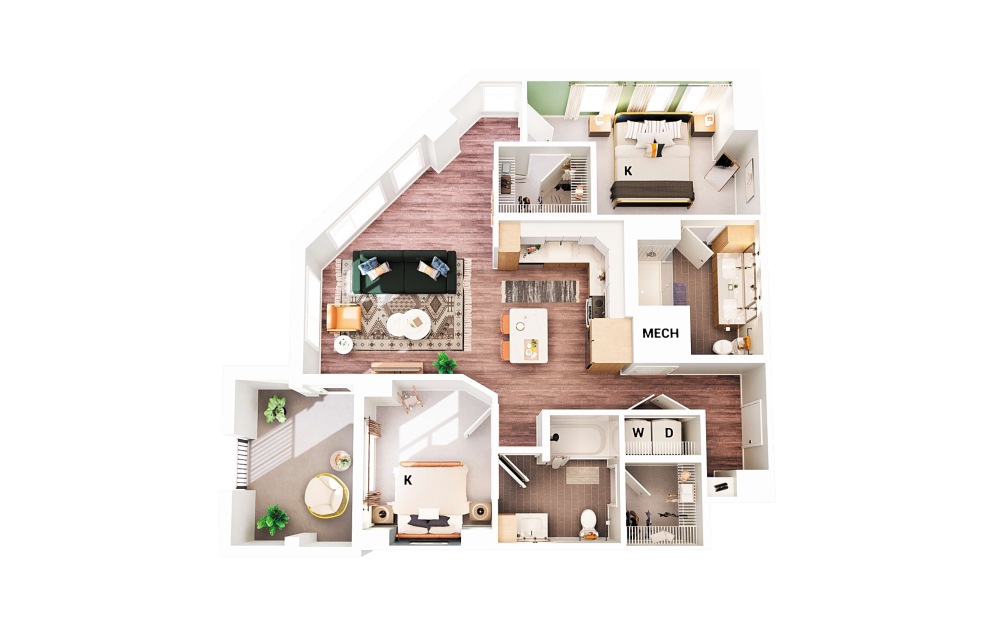 B7 - 2 bedroom floorplan layout with 2 bathrooms and 1067 square feet (Scheme 1
)