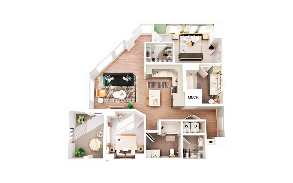 B7 - 2 bedroom floorplan layout with 2 bathrooms and 1067 square feet (Scheme 2)