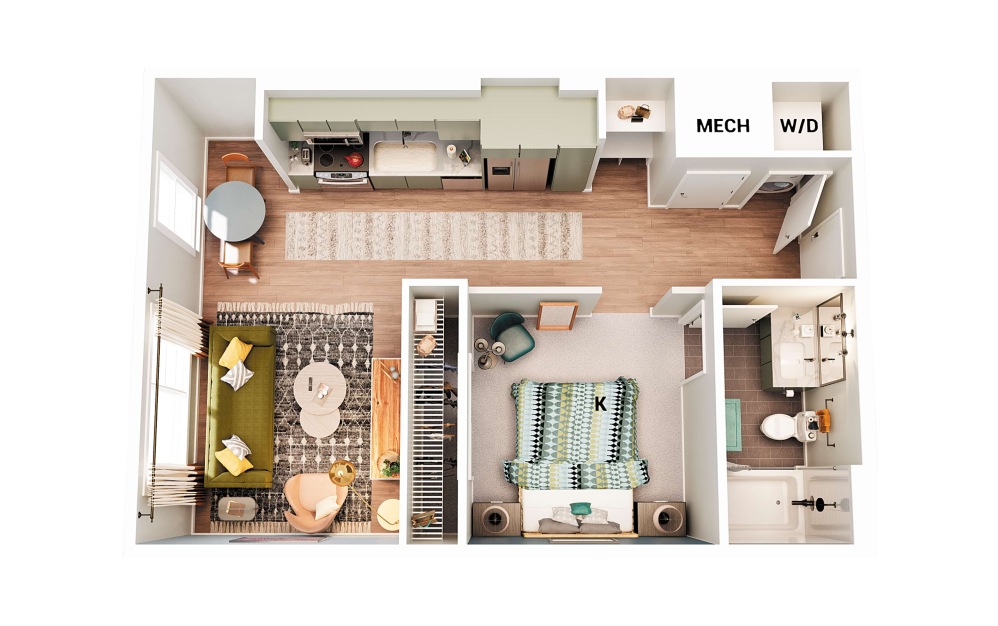 S1 - Studio floorplan layout with 1 bathroom and 600 square feet (Scheme 2)