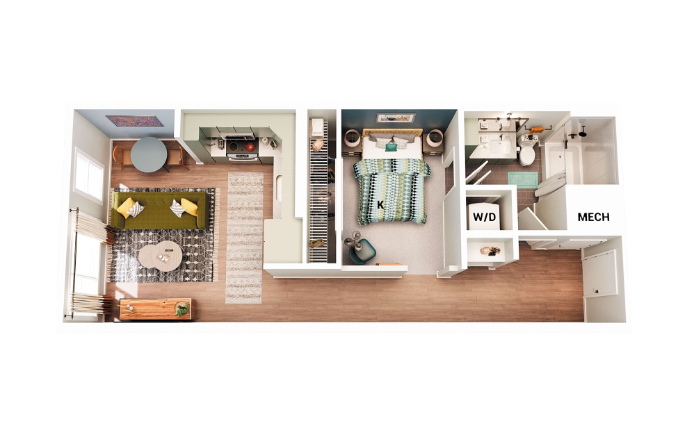S2 - Studio floorplan layout with 1 bathroom and 640 square feet (Scheme 2)