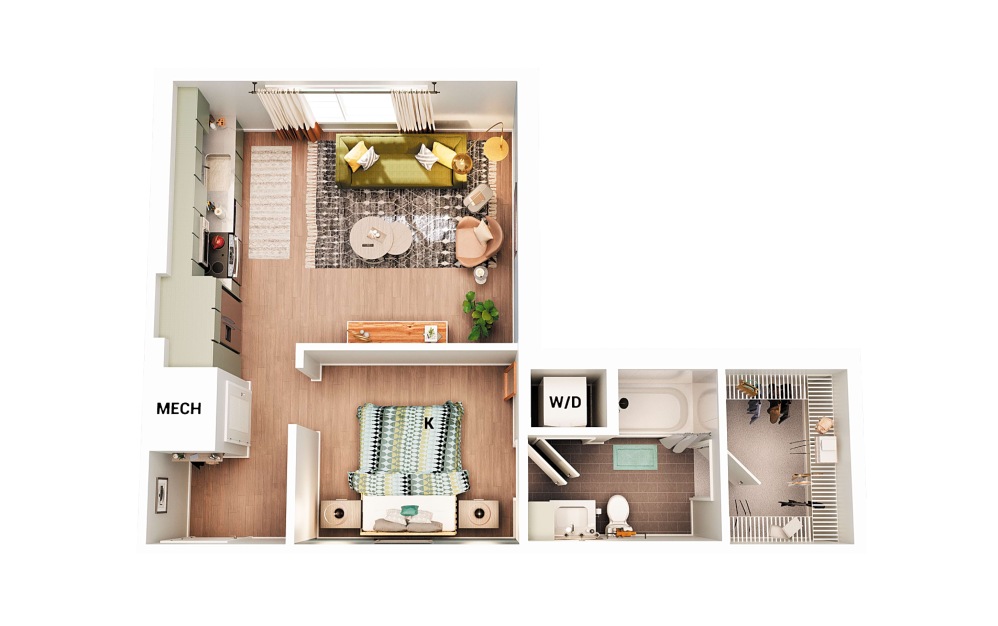 S3 - Studio floorplan layout with 1 bathroom and 644 square feet (Scheme 2)