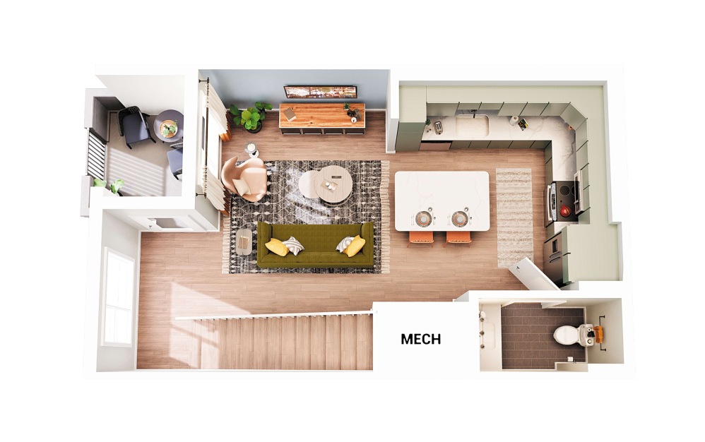 Townhouse A1 - 1 bedroom floorplan layout with 1.5 bathroom and 947 square feet (Floor 2 - Scheme 1
)