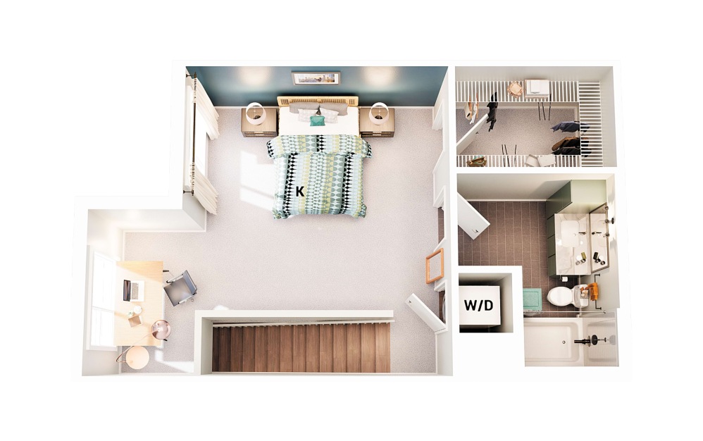 Townhouse A1 - 1 bedroom floorplan layout with 1.5 bathroom and 947 square feet (Floor 2 - Scheme 2)