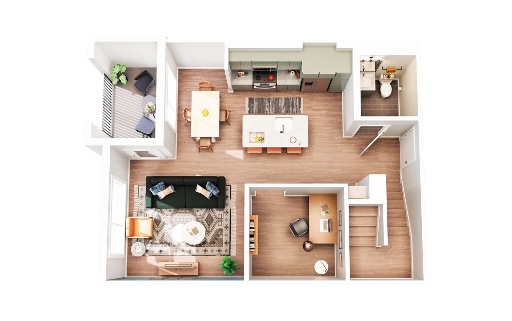Townhouse B1 - 2 bedroom floorplan layout with 2.5 bathrooms and 1236 square feet (Floor 2 - Scheme 1
)