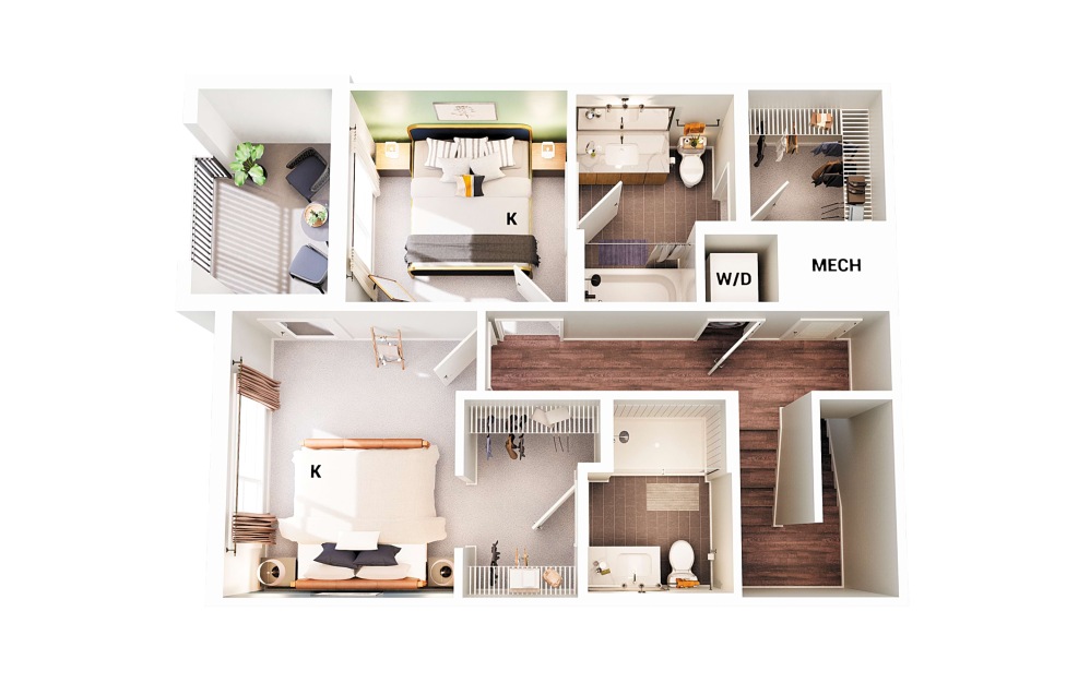 Townhouse B1 - 2 bedroom floorplan layout with 2.5 bathrooms and 1236 square feet (Floor 1 - Scheme 2
)