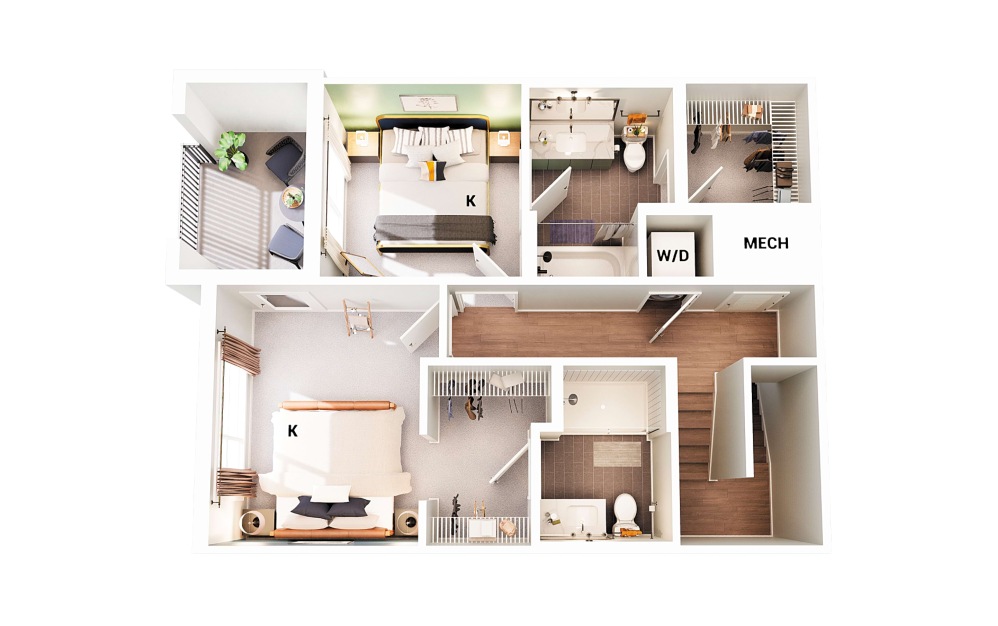 Townhouse B1 - 2 bedroom floorplan layout with 2.5 bathrooms and 1236 square feet (Floor 2 - Scheme 2)