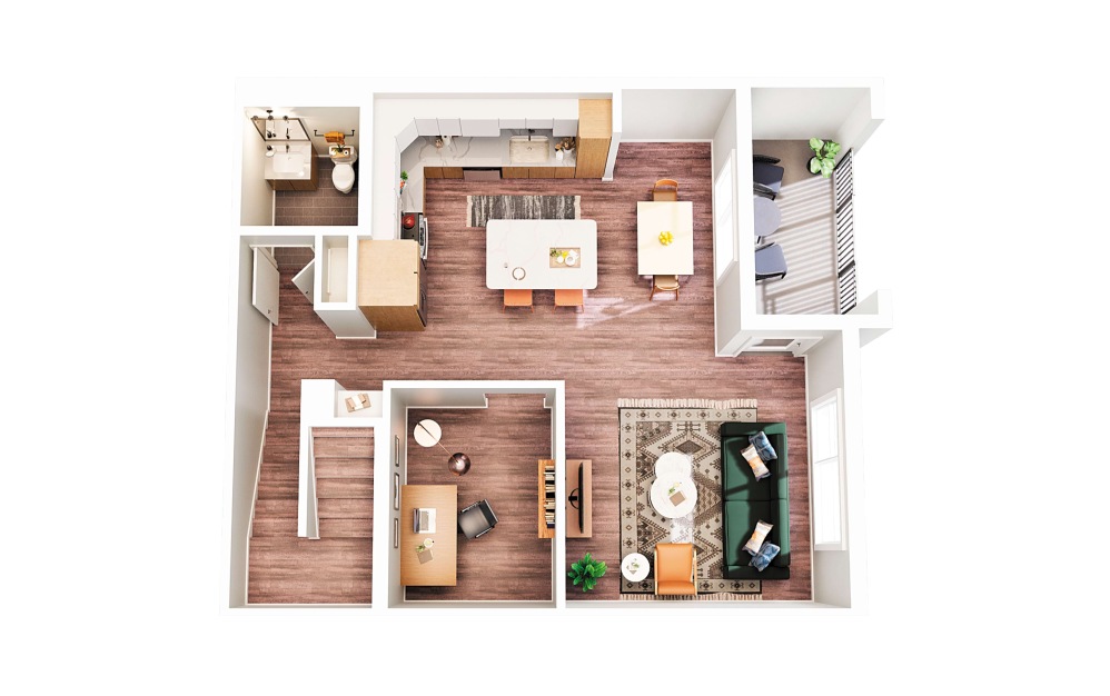 Townhouse B2 - 2 bedroom floorplan layout with 2.5 bathrooms and 1368 square feet (Floor 1 - Scheme 1
)