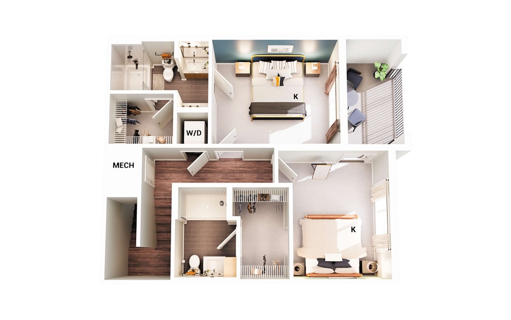 Townhouse B2 - 2 bedroom floorplan layout with 2.5 bathrooms and 1368 square feet (Floor 1 - Scheme 2
)