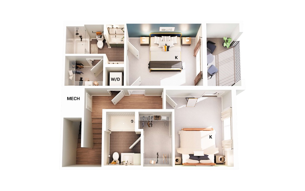 Townhouse B2 - 2 bedroom floorplan layout with 2.5 bathrooms and 1368 square feet (Floor 2 - Scheme 2)